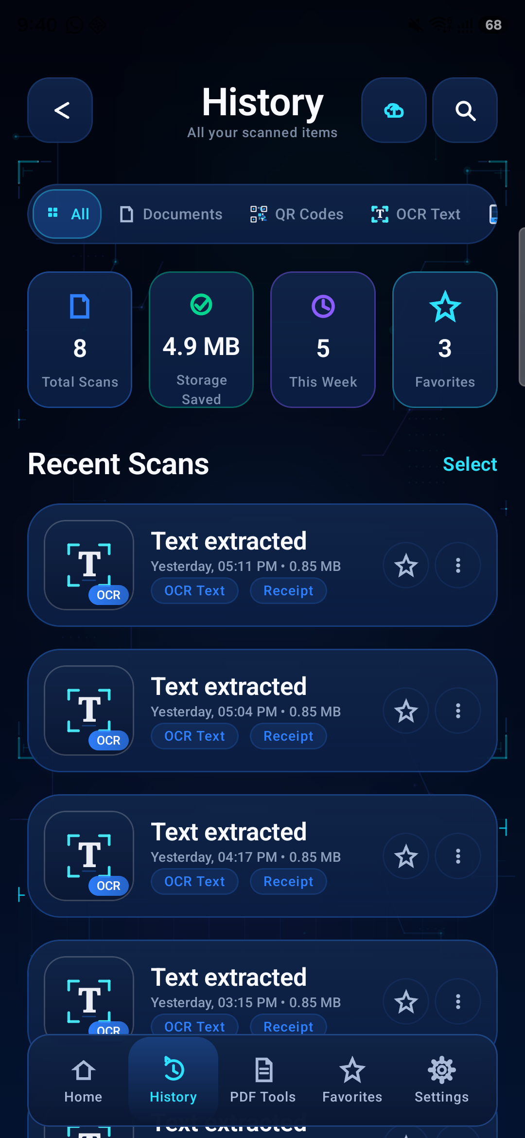 AI Scanner history screen with scan stats and organized records