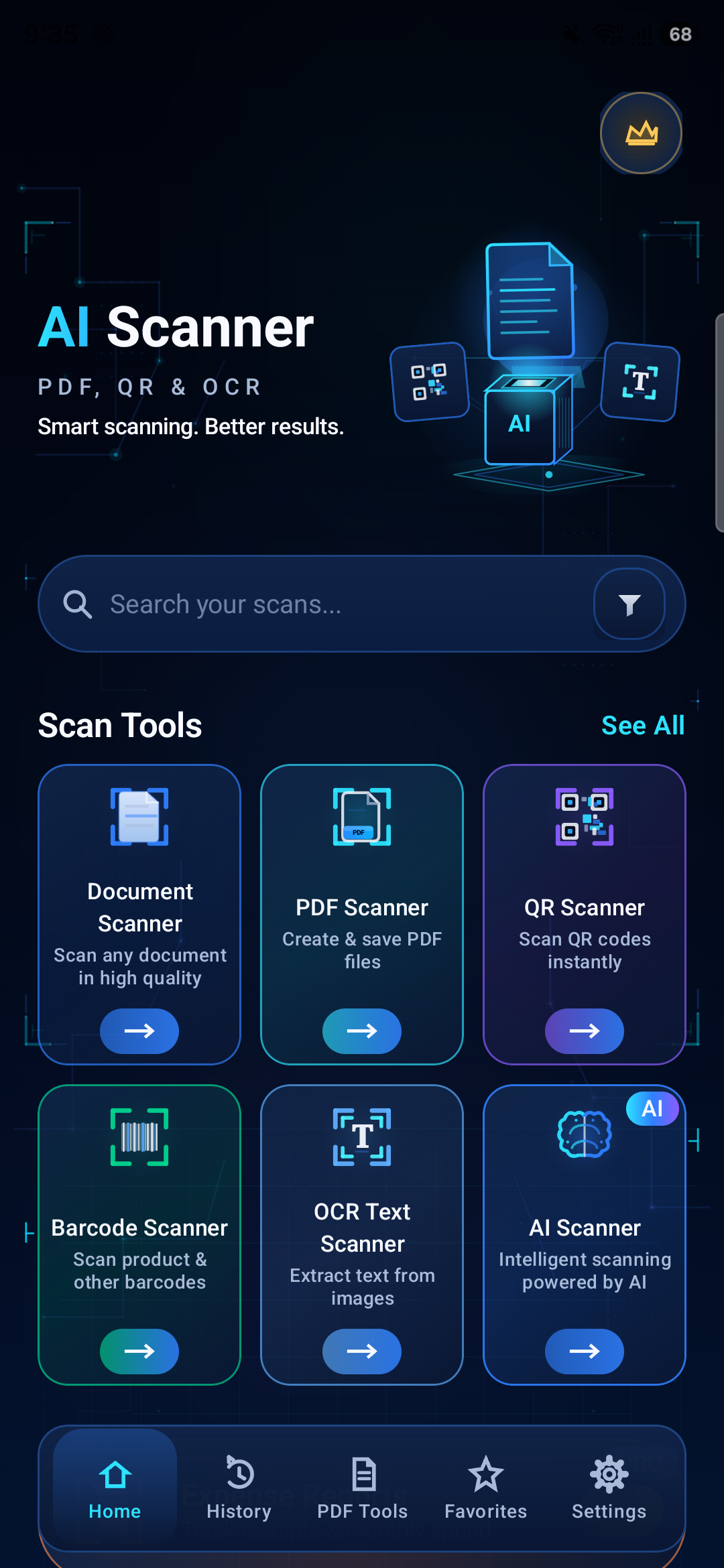 AI Scanner home screen showing Document, PDF, QR, Barcode, OCR and AI scanners