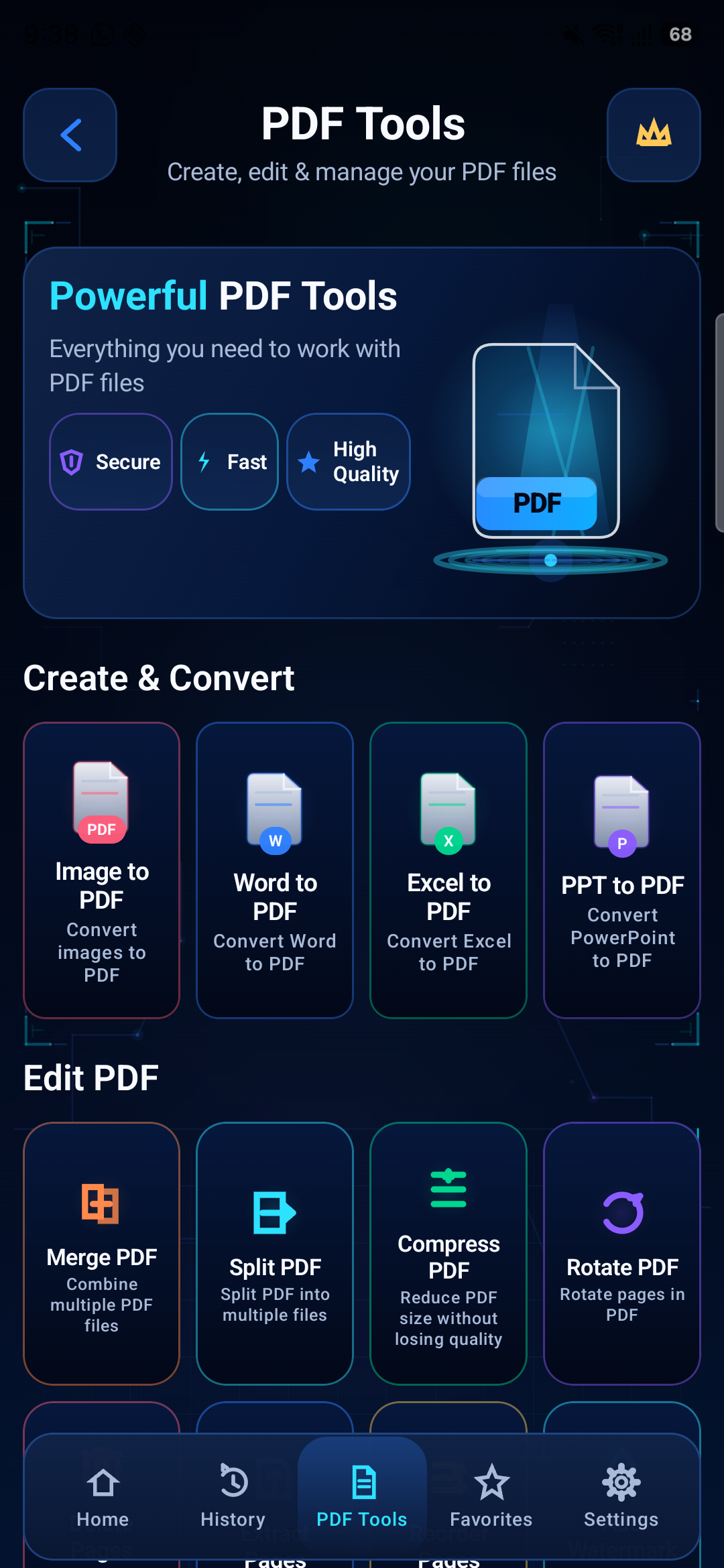 AI Scanner PDF Tools screen with Merge, Split, Compress, Rotate and more